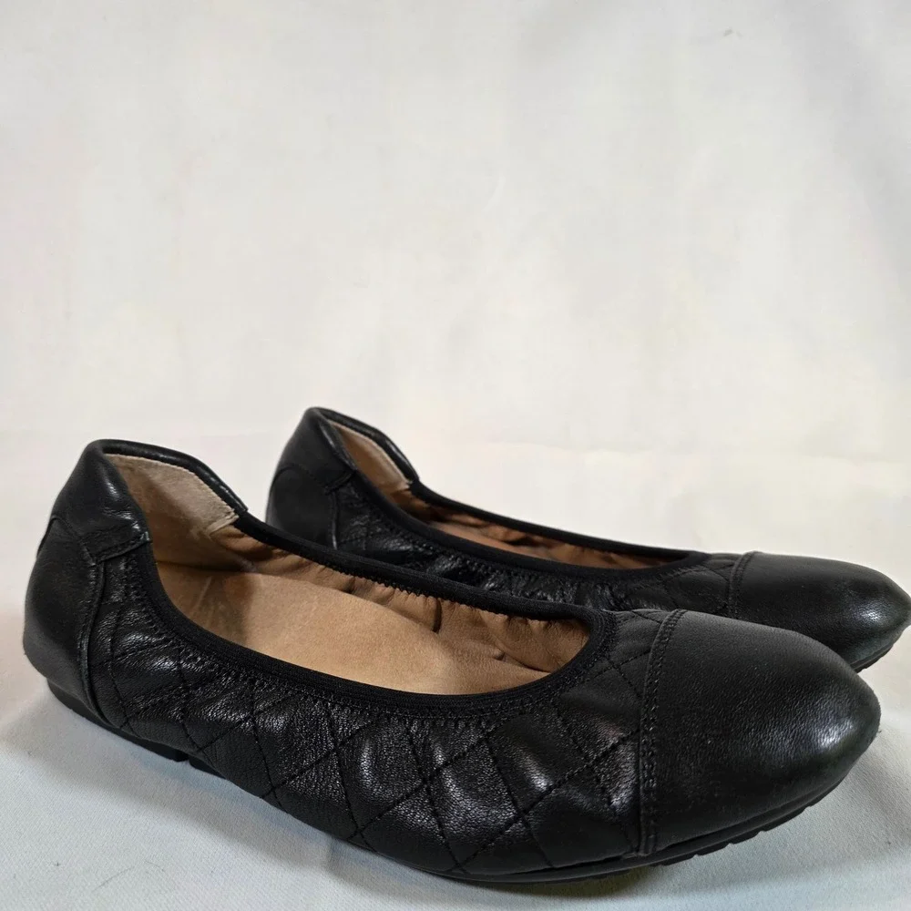 Vionic Ava Black Leather Quilted Cap Toe‎ Ballet Flats Womens 8.5 Minimalist